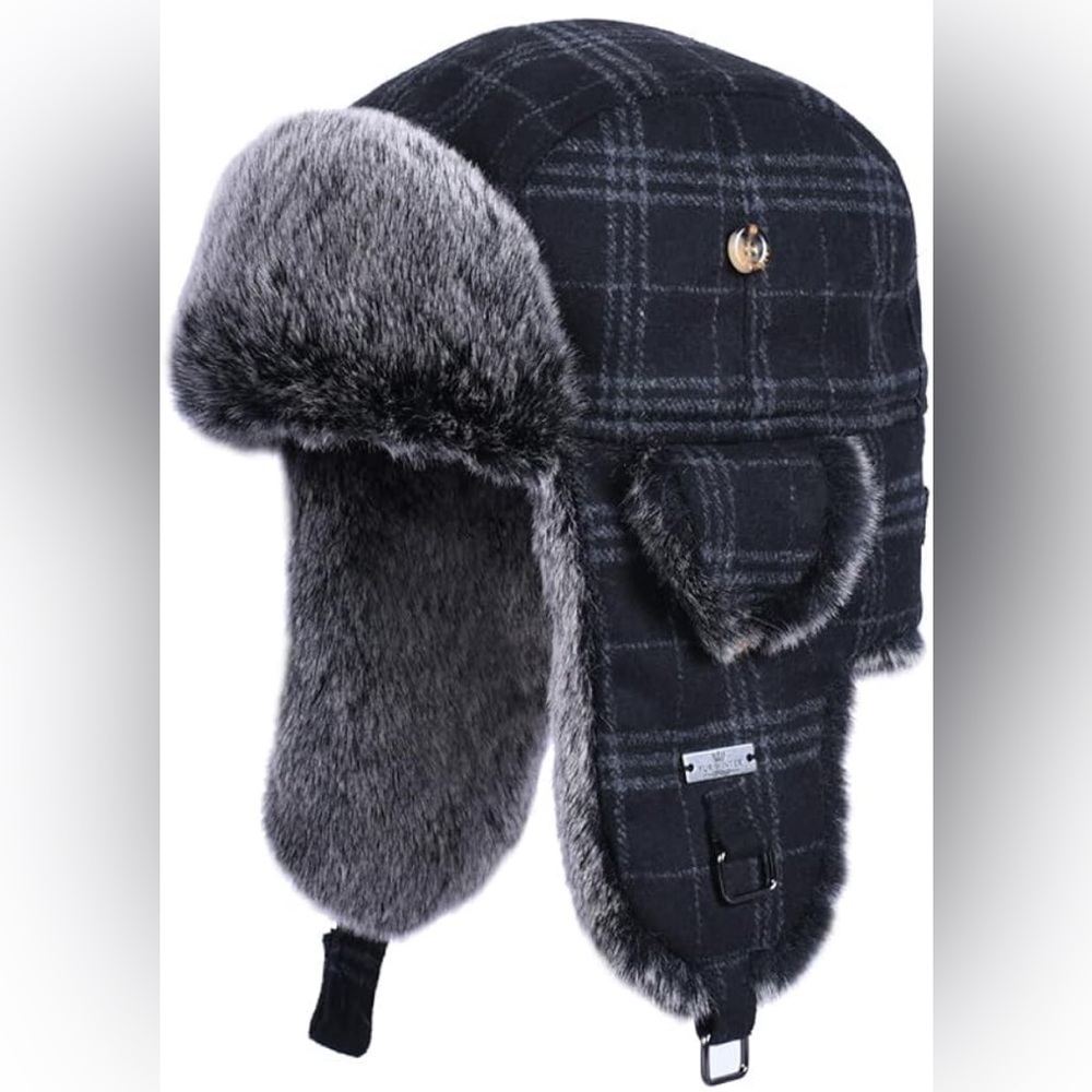 Fur Winter NWT Grey Plaid Trapper Hat with Soft Faux Rabbit Trim S/M